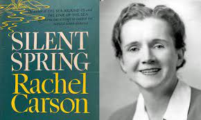 Images of Silent Spring book cover and black and white headshot of Rachel Carson
