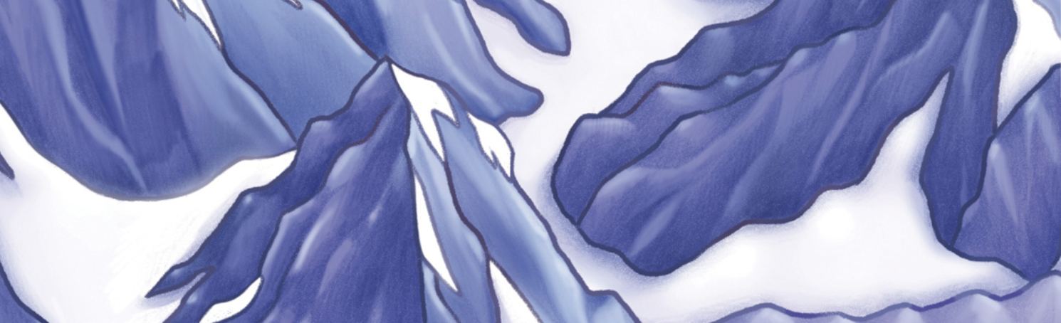 Blue and white drawing of glaciers