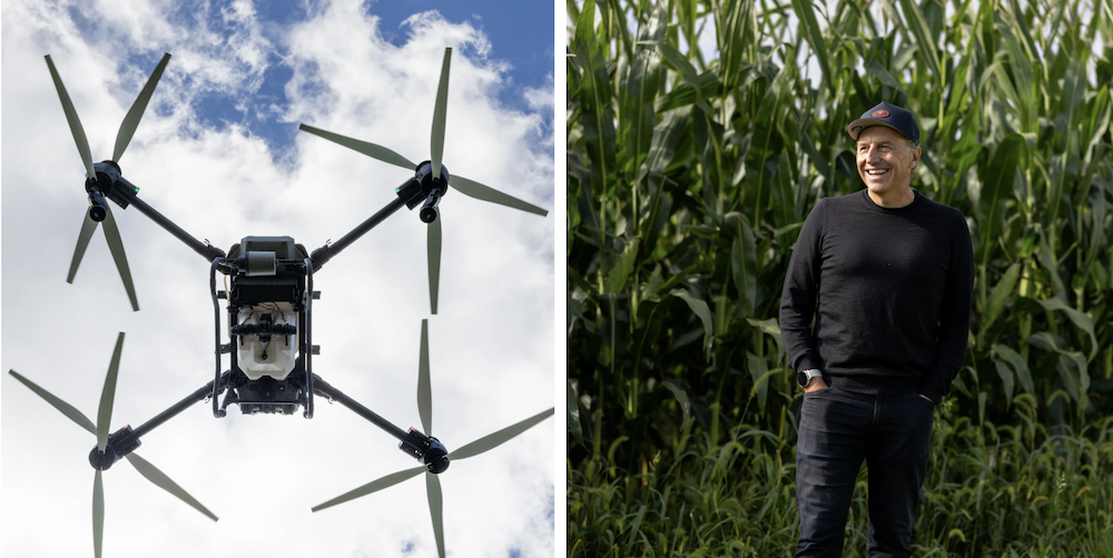 Airborne drone on left, Bruno Basso in cornfield on right