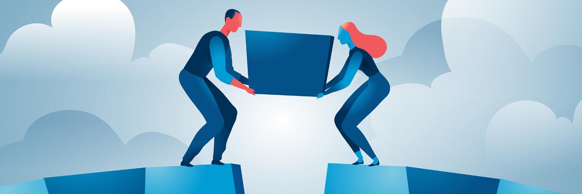 Graphic illlustration showing two figures lifting a block 