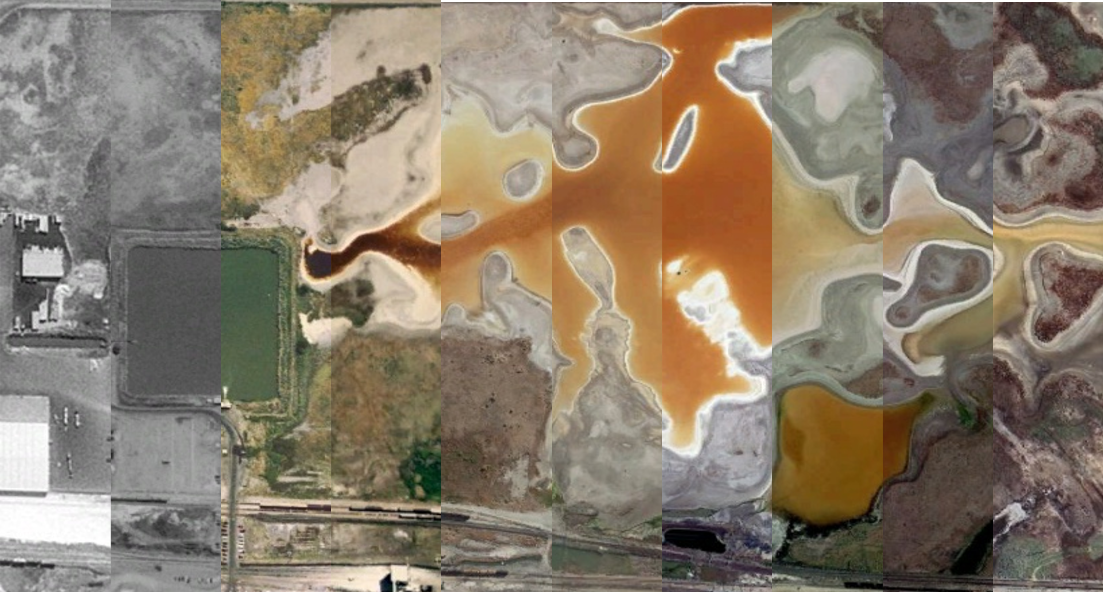 Satellite image showing landscape changes over time in vertical strips.