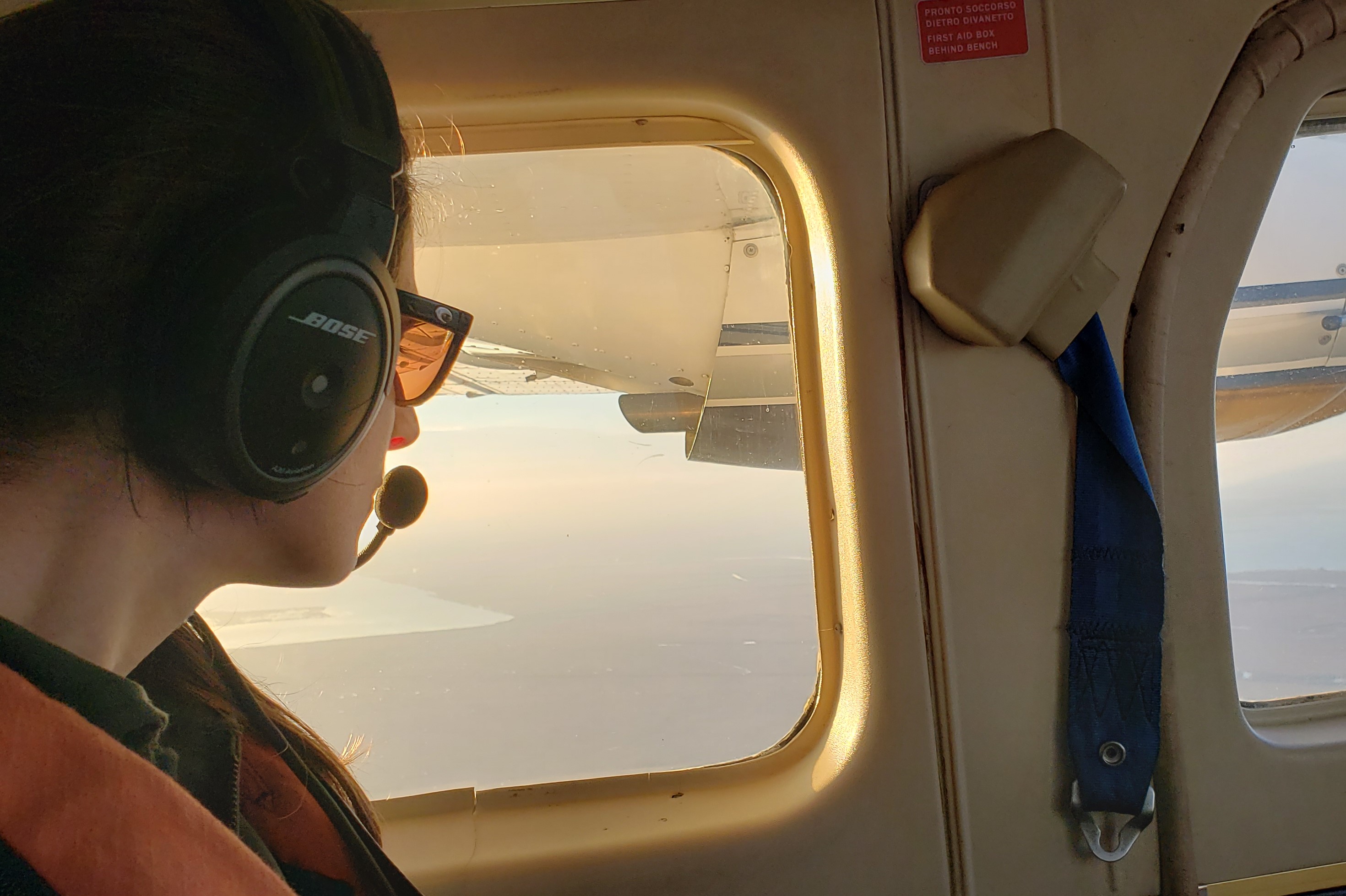 Woman surveying from an airplane