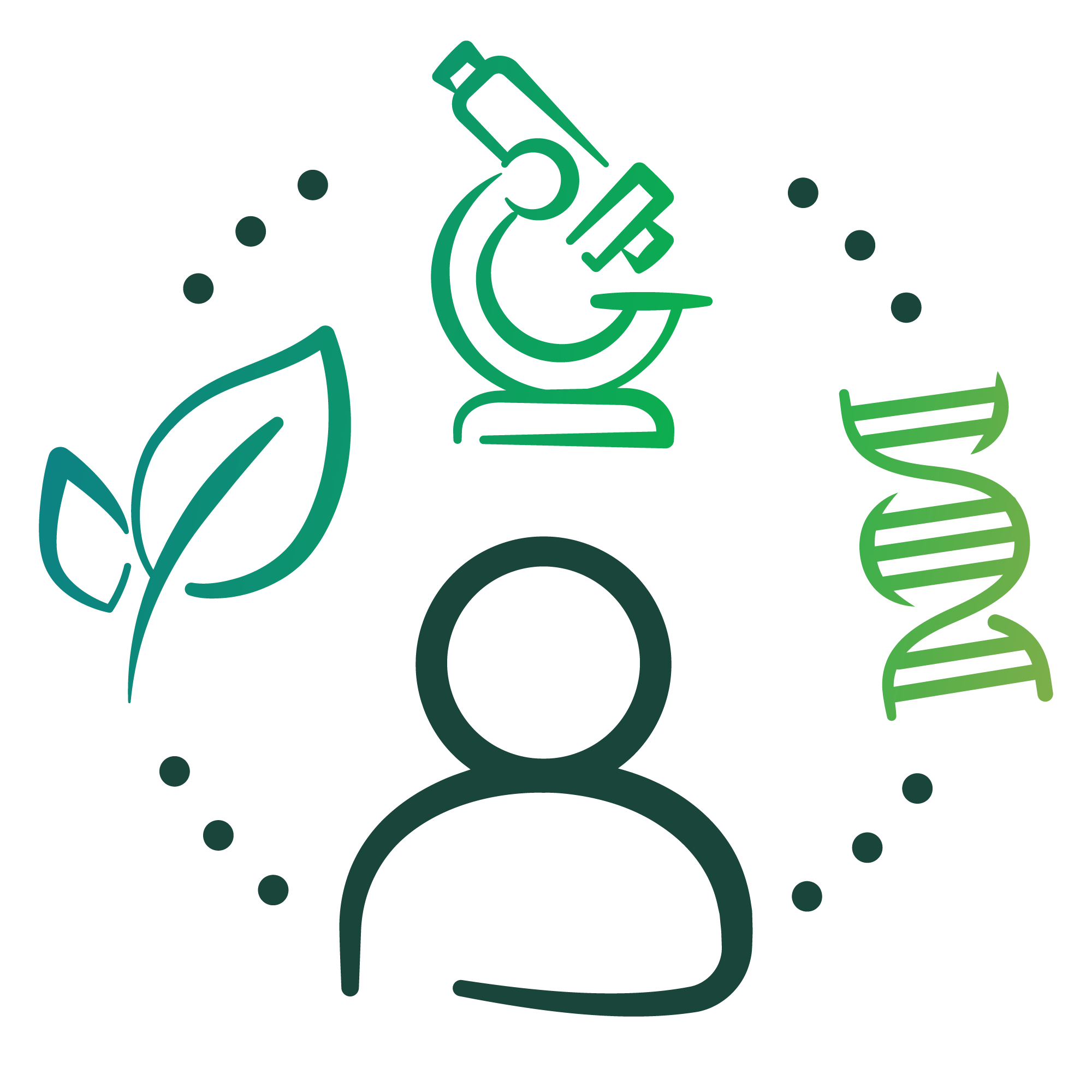 Person in circle with plant leaf, microscope, and DNA strand